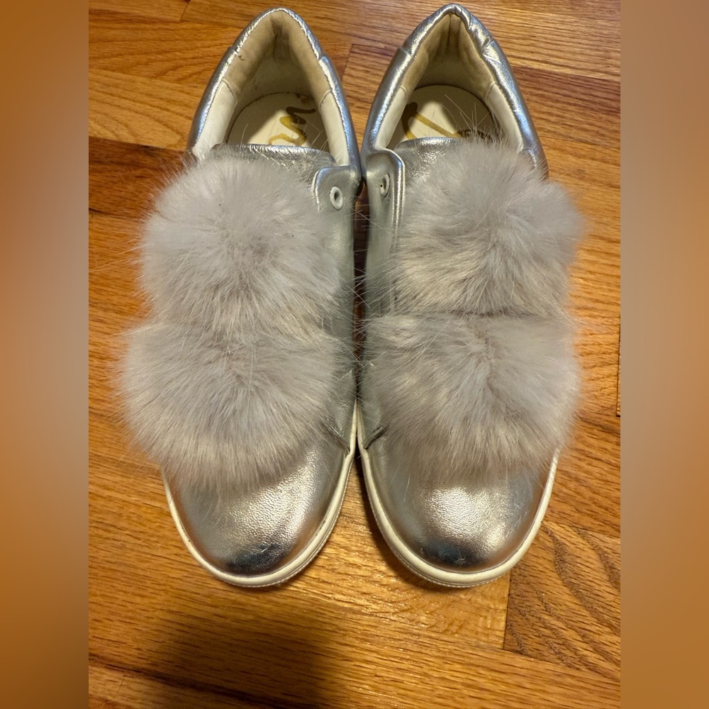Sam Edelman Leya Silver Sneakers with Fur Pom Poms, Size 8